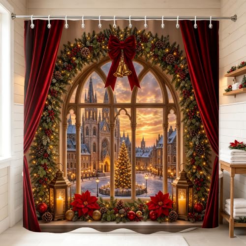 Christmas Shower Curtain Winter Cabin Scene Cardinals 72x72 Inches - Holiday Bathroom Decor