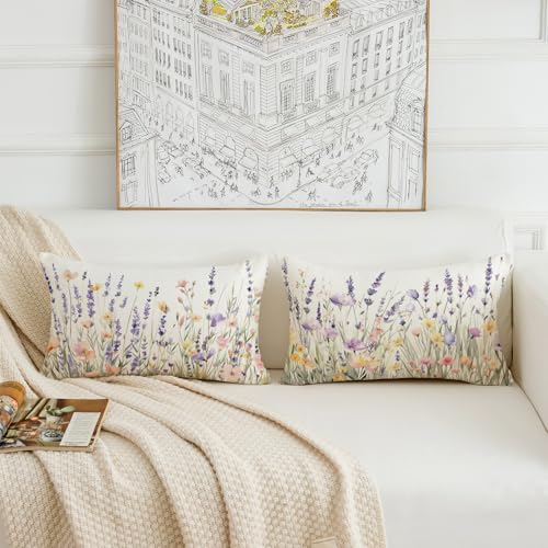 Spring Floral Throw Pillow Covers 12x20 Inch Set of 2 Farmhouse Lavender Decor