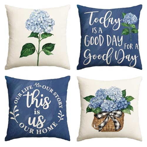 Blue Hydrangea Throw Pillow Covers - 18x18 Inch Set of 4