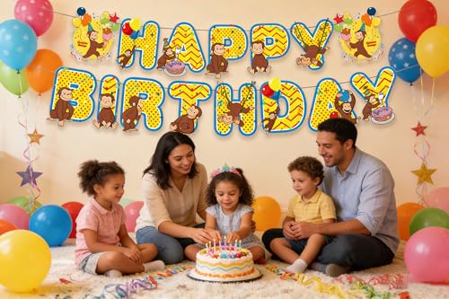 Curious Monkey Birthday Banner, 15-Piece Cartoon Party Decoration Set