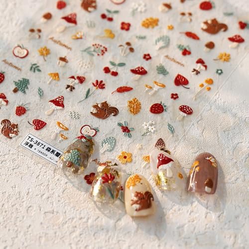 5D Fall Nail Stickers Autumn Maple Leaf & Squirrel Self-Adhesive Decals