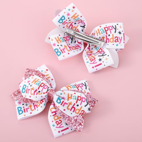 Happy Birthday Hair Bows Clip for Girls 3.54 Inch Glitter Sequin Ribbon 2PCS