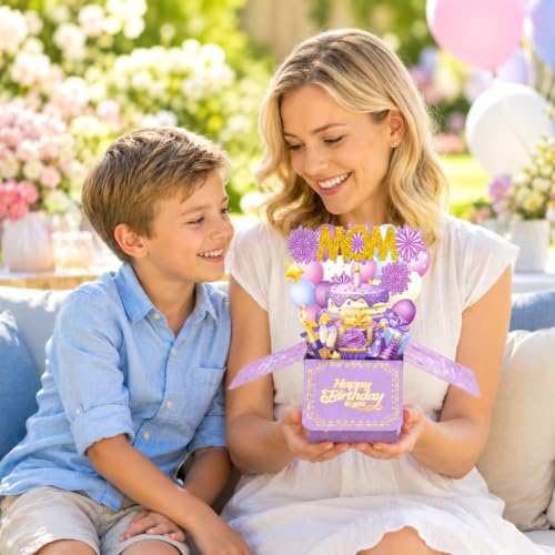 3D Pop Up Birthday Card for Mom - Purple and Gold Cake Design with Envelope