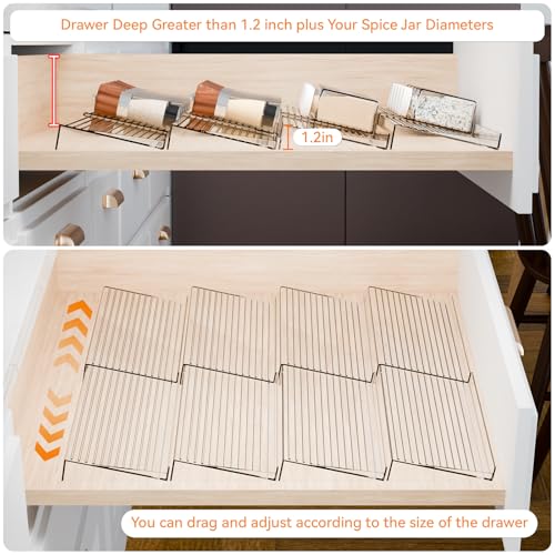 Yieach Adjustable 4-Pack Spice Rack Organizer - Expandable Acrylic Drawer Insert