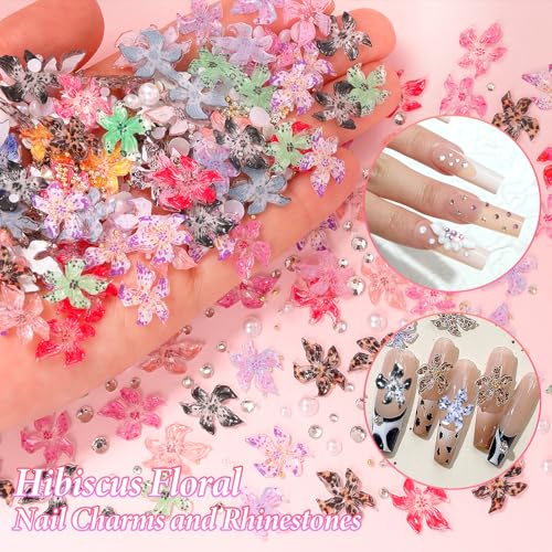 3D Hawaii Flower Nail Charms and Rhinestones Hibiscus Nail Art Kit