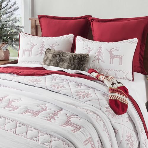 Red King Size Quilt Bedding Set with Pillow Shams - All Season Lightweight Coverlet, 3 Pieces