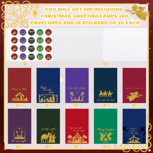 200 Christian Christmas Cards Bulk with Envelopes and Stickers - Bible Verse Design