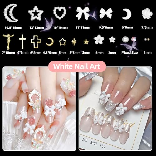 AnoleAir White Assorted Nail Charms Acrylic Bows Flowers Pearls and Gold Rivets