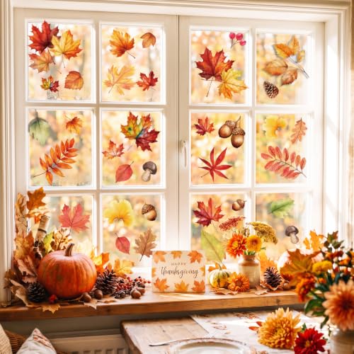 Fall Leaf Window Clings - 102 PCS Autumn Thanksgiving Stickers