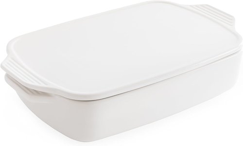 Chef Pomodoro Casserole Dish - 15.5" x 9.3" White Ceramic Baking Dish with Lid | Ideal for Lasagna & Roasting