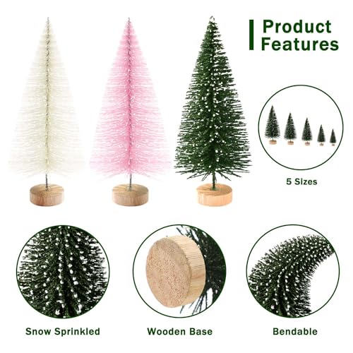 Mini Christmas Tree Set 30pcs Artificial Bottle Brush Trees with Wooden Bases - Colorful Holiday Decor, Pink, Green & Beige