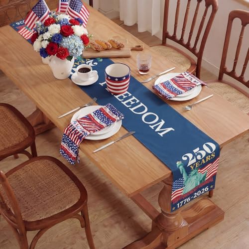Patriotic 4th of July Table Runner 13x72 Inch - 250th Anniversary Linen Decor