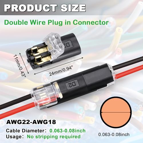 50Pcs 2-Pin Double Wire Plug-In Connectors for LED Strips, No-Strip Quick Connect Terminals