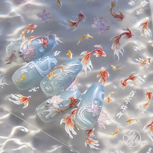 5D Embossed Goldfish Nail Stickers Self-Adhesive Koi Fish Chinese Style Manicure Decals