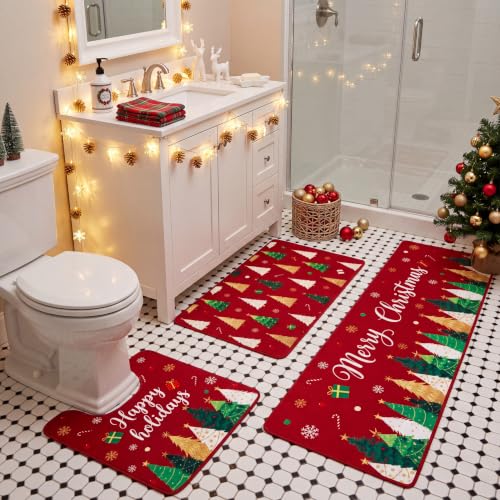 Christmas Bathroom Rug Set with U-Shaped Toilet Cover - Festive Tree & Gift Design (Variation of THIS listing)