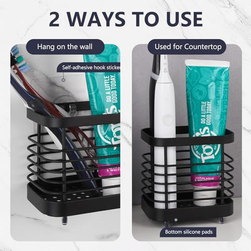 LUEXBOX Black Small Wall Mount Toothbrush Holder - Stainless Steel Organizer