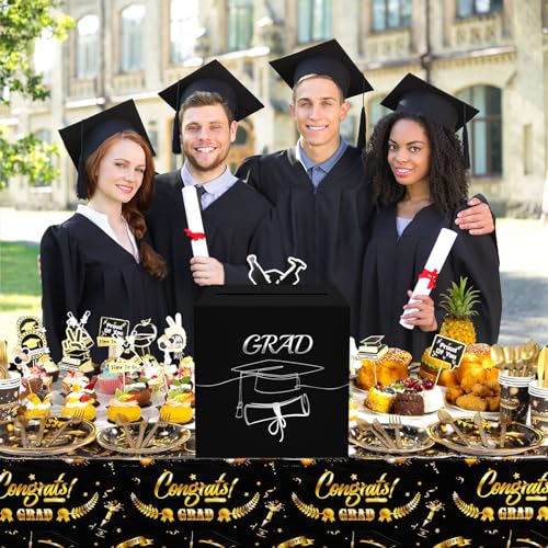 Graduation Card Box - Foldable Black & Silver Foil Design, 8.7"