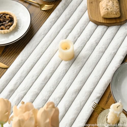 Ivory Faux Fur Jacquard Table Runner 13x60 Inch Holiday Decor