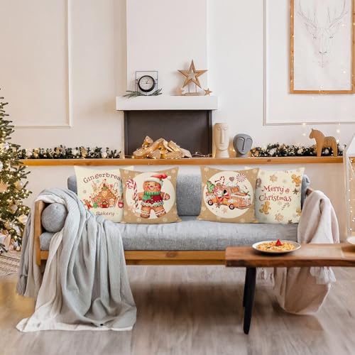Bonhause Christmas Gingerbread Throw Pillow Covers 18x18 Inch Set of 4 - Brown