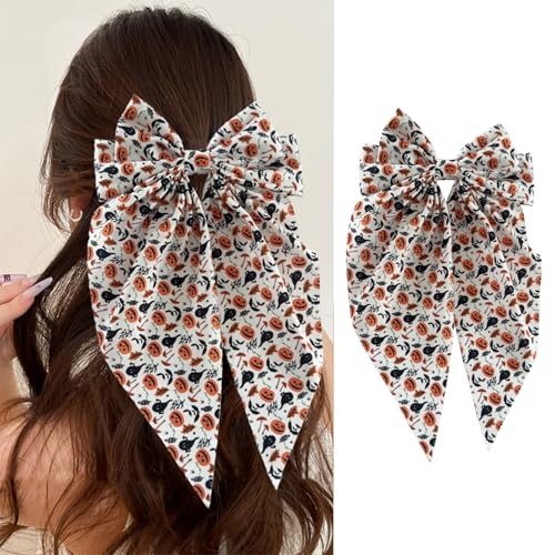 Halloween Hair Bow Clip Big Pumpkin Ghost Long Tail Ribbon Barrette
