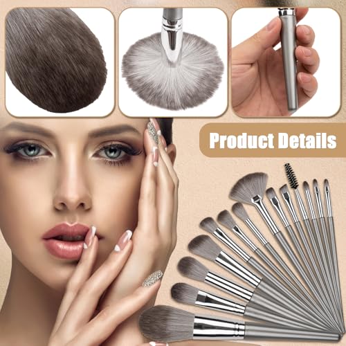 Amrules 14-Piece Professional Makeup Brush Set with PU Bag, Grayish