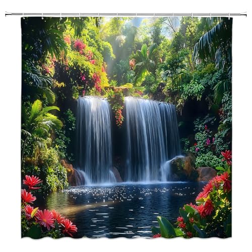 Forest Waterfall Shower Curtain, 70x70 Inch Polyester with Hooks