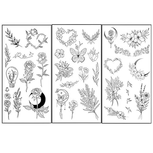 VibesHood Large Temporary Tattoos - Waterproof Flower, Heart & Moon Designs