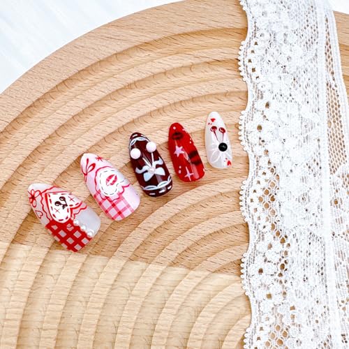 Valentine Press On Nails Medium Almond Fake Nails with Bow and Rhinestones