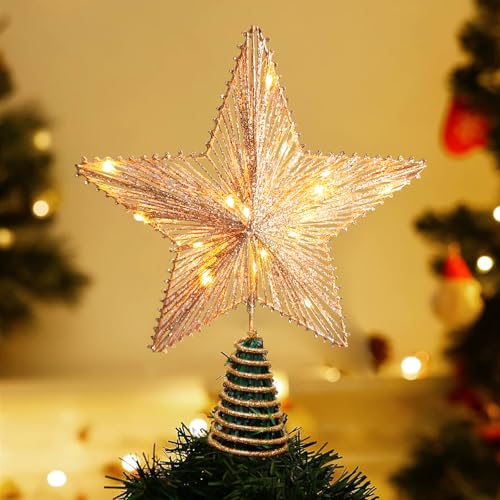 Noiclub Gold Glitter Christmas Tree Topper Star for 6-8FT Trees - Battery Operated, 10 Inch, Warm White LED Lights, Festive Holiday Decor - Golden01