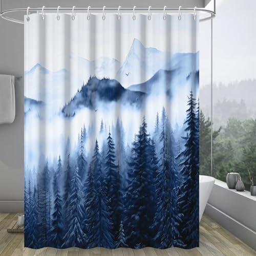 Navy Blue Forest Shower Curtain 72x72 Inch - Waterproof & Machine Washable