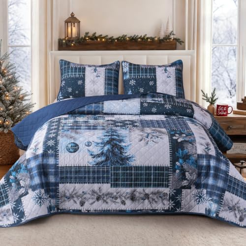 King Size Reversible Christmas Quilts Set with Holiday Tree & Holly Berry - Blue, 3 Piece