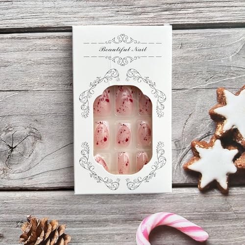 GLINLS Halloween Press on Nails Medium Square Bloody White French Tip False Nails