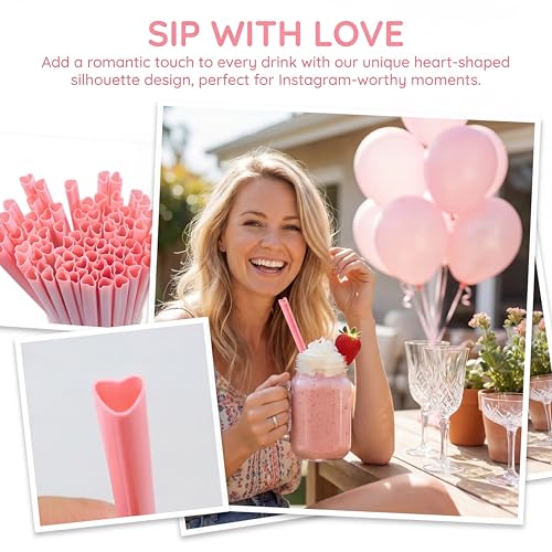 100 Pcs Reusable Heart Shaped Pink Straws for Parties