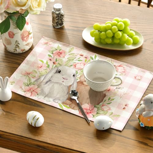 Artoid Mode Pink Buffalo Plaid Bunny Rabbit Placemats Set of 4