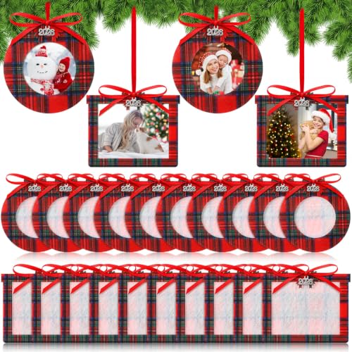 Red Felt Christmas Photo Frame Set with Plaid Design, 24 Pieces