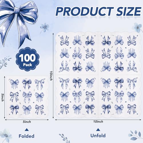 100 Pack Blue Bow Cocktail Napkins - 5" Scalloped Disposable Paper