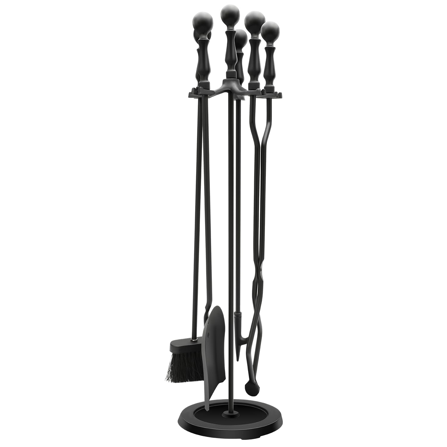 Nouetele Fireplace Tools Set 5-Piece - Heavy Duty Cast Iron Fire Place Tool Set with Stand, 31-Inch Stable Base, Includes Poker, Shovel, Brush & Tongs for Indoor Outdoor Wood Stove & Hearth, Black