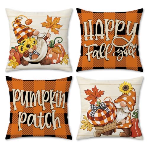 Fall Gnome Pumpkin Throw Pillow Covers Set of 4 - 18x18 Velvet
