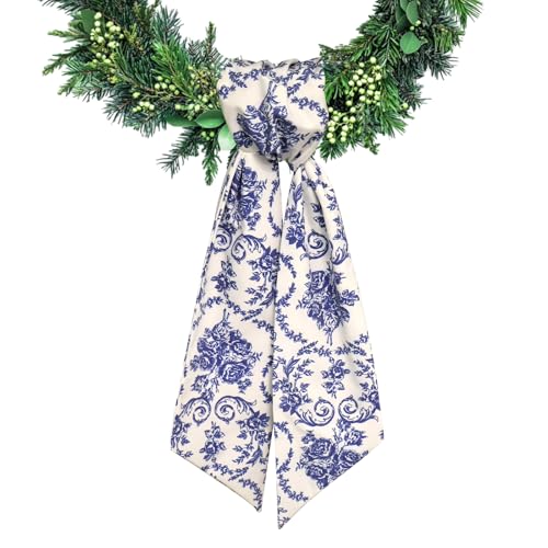 Blue Floral Wreath Sash - Decorative Fabric Ribbon for Front Door Wreaths