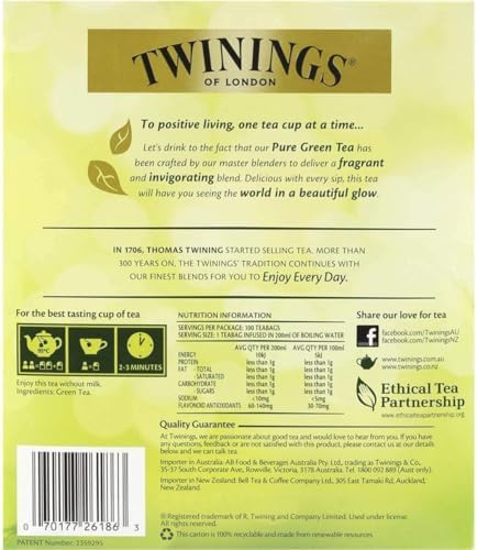 Twinings Green Tea Bags - All-Natural, Pure Flavor - 100 Count for Refreshing Brews