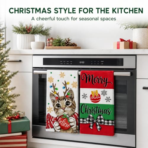 Christmas Cat Kitchen Towels - Festive Holiday Dish Towels for Decor