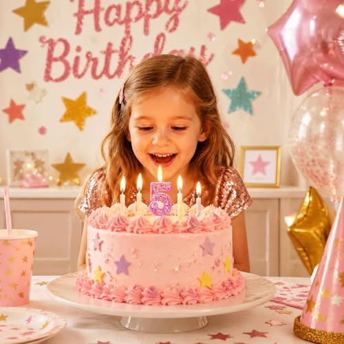 Number 5 Birthday Candle - Hot Pink Star Sequin Cake Topper Decoration
