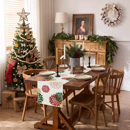 Red Green Christmas Table Runner with Dahlia Floral Burlap - 13 x 36 Inch