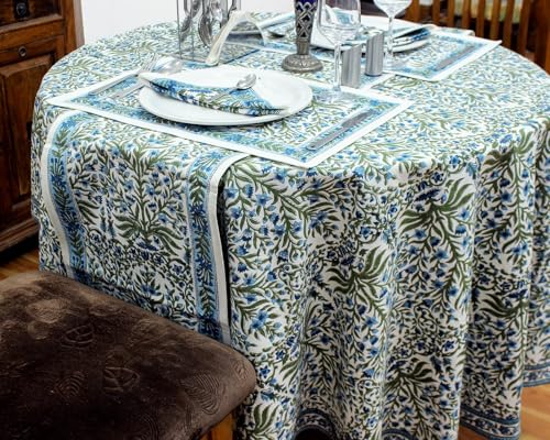 Woodland 110 Inch Round Hand Block Printed Cotton Tablecloth - Blue & White Floral