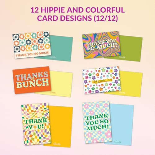 Kids Thank You Cards Set with Envelopes - 24 Retro Groovy Designs