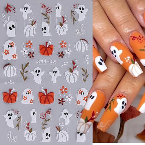 Halloween Nail Art Stickers 3D Self-Adhesive Ghost Pumpkin Decals 2 Sheets