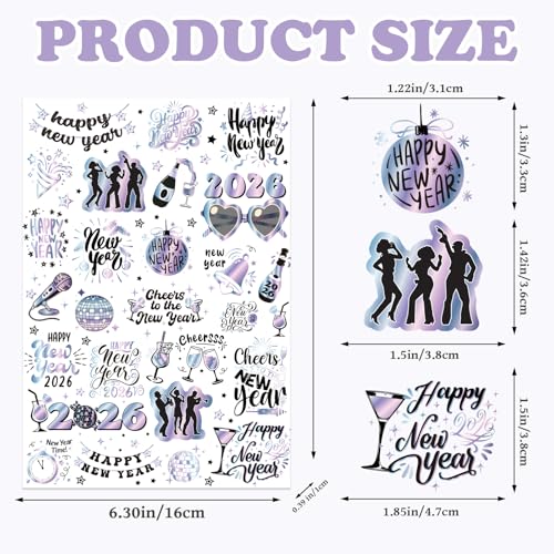 INCOK 2026 New Year Temporary Tattoos - 8 Sheets Disco Party Favors
