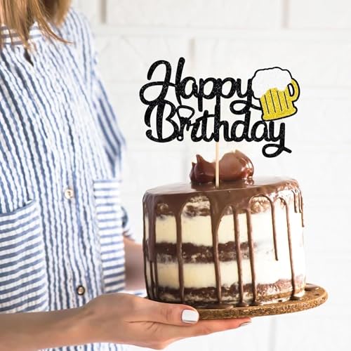 Beer Birthday Cake Topper - Black Glitter Decoration for Parties