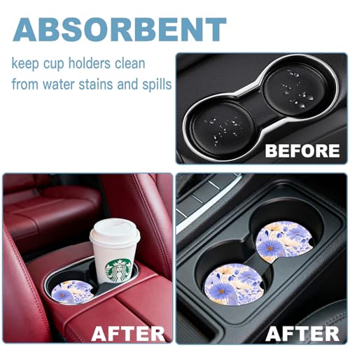 Ceramic Car Cup Holder Coasters Set of 2 - Purple Flower Design