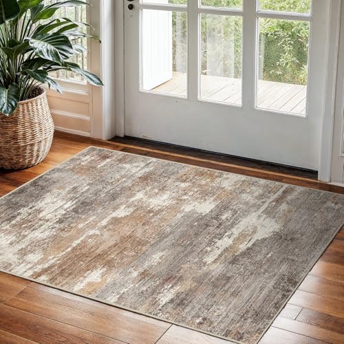 Ksrau 2x3 Washable Area Rug, Abstract Non-Slip Throw Rug - Brown/Brick